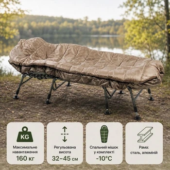 Туристическая карповая раскладушка Ranger BED 87 со спальным мешком — походная кровать для отдыха и кемпинга RA5503