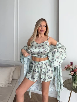 Пижама женская тройка халат майка шорты Priscilla Collection L-XL светло зеленый