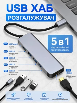 USB Type-C Hub 5 в 1 с HDMI 4K, USB 3.0, 3x USB 2.0 и PD 100W — USB Хаб Разветвитель для ноутбука, смартфона и планшета