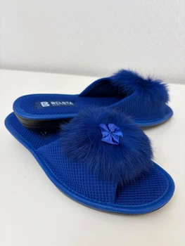 Жіночі тапочки відкриті Белста меховий помпон бант 39 яскраво сині