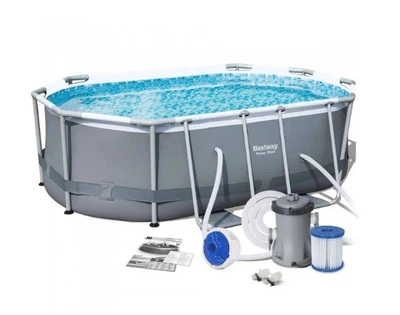 Каркасный овальный большой бассейн Bestway 305x200x84 см с насосом и ПВХ чашей для детей и взрослых для дома и дачи