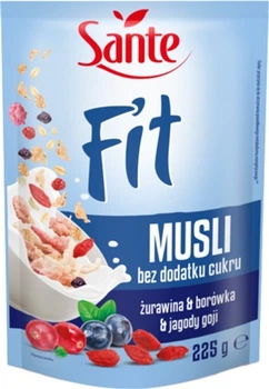 Мюсли Sante FIT цельнозерновые с ягодами клюквы, черники и годжи без сахара 225 г (5900617030788)