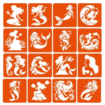 Набор трафаретов для био-тату "Русалки" mermaids-6x6-16, 16 трафаретов