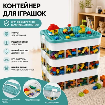Штабельний контейнер для іграшок та LEGO з ігровою кришкою, органайзер для конструктора і дрібних деталей, 3-ярусний пластиковий бокс для зберігання, контейнер для канцелярії 32,5×30,5×23 см