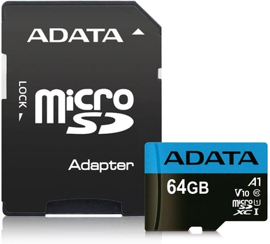 Карта памяти microSD 64Gb ADATA Premier class 10 UHS-I A1 + SD адаптер (AUSDX64GUICL10A1-RA1)