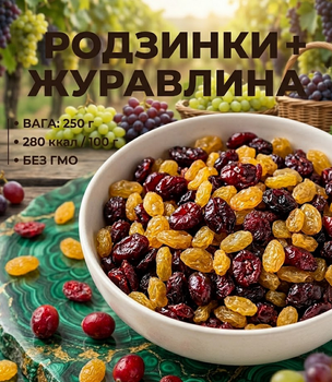 Микс изюм и клюква 250 г натуральная смесь сухофруктов сладко-кислый вкус
