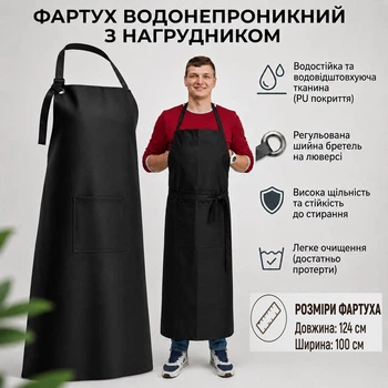 Водонепроникний фартух із нагрудником/ м'ясні та рибні цехи/чорний