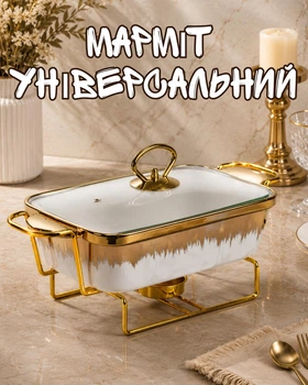 Мармитница фарфоровая 1 л прямоугольная с подогревом на 2 свечи / мармит с крышкой для подачи блюд 31х16х11 см, белый с золотистым