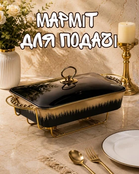 Мармитница фарфоровая 2 л с подогревом на 1 свечу / мармит с крышкой и декоративными ручками, черный с золотистым