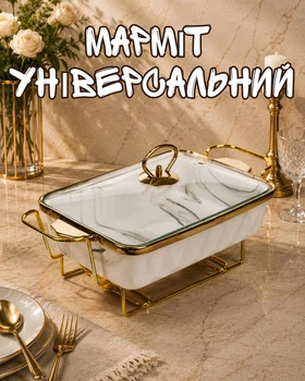 Мармитница фарфоровая с подогревом 35.5х19х15.5 см / прямоугольный мармит с крышкой, белая с мраморным узором