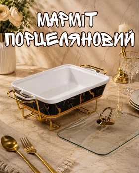 Мармитница черная фарфоровая с эффектом мрамора и подогревом / мармит с крышкой 35.5х19х15.5 см для горячих блюд, черный с белым