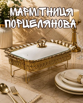 Мармитница фарфоровая 2 л с подогревом для подачи и сервировки / мармит на подставке со стеклянной крышкой, золото с белым