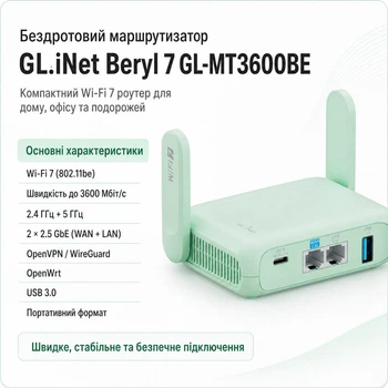 Беспроводной маршрутизатор GL.iNet Beryl 7 (GL-MT3600BE) WiFi 7