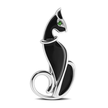 Серебряная брошь Лазурит 925 Чёрный кот с эмалью и кубическим цирконием (7118р)