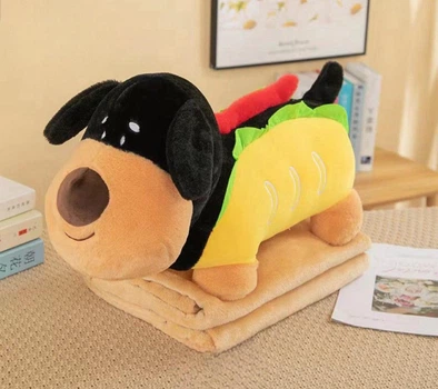 Іграшка-подушка з пледом усередині Собака HOTDOG / М’яка плюшева іграшка-трансформер з пледом