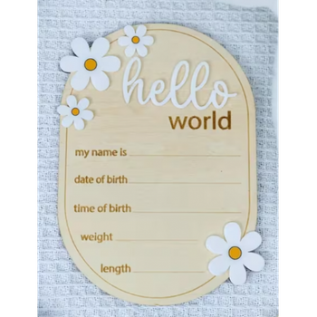 Дерев'яна метрика для новонародженого Hello world білі ромашки 12*16см