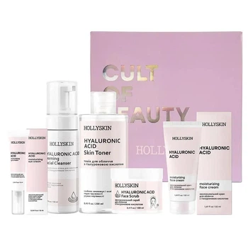 Набор для всех типов кожи Hollyskin Hyaluronic Acid: Пенка Hollyskin 150 мл + Тоник Hollyskin 250 мл + Скраб Hollyskin 100 мл + Крем Hollyskin 50 мл + Крем под глаза Hollyskin 10 мл + В подарок Средство для снятия макияжа Hollyskin 30 мл