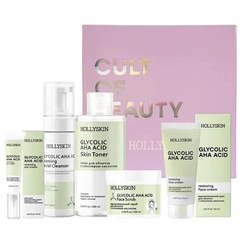 Набор для проблемной кожи Hollyskin Glycolic AHA Acid: Пенка Hollyskin 150 мл + Тоник Hollyskin 250 мл + Скраб Hollyskin 100 мл + Крем Hollyskin 50 мл + Крем под глаза Hollyskin 10 мл + В подарок Средство для снятия макияжа Hollyskin 30 мл