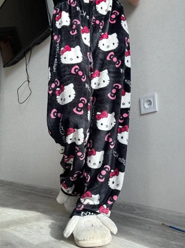 Штани піжамні плюшеві Hello Kitty чорного кольору, теплі домашні штани Хеллоу Кітті L