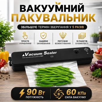 Вакууматор бытовой для продуктов питания Vacuum Sealer 90W вакуумный упаковщик + 10 пакетов (383 VC)