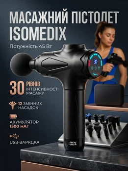 Массажный пистолет ISOMEDIX 45 Вт 12 насадок черный для тела и спины с аккумулятором и USB зарядкой