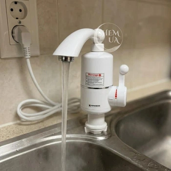 Кран водонагреватель электрический проточный 3000W для кухни и ванной комнаты с мгновенным нагревом воды и индикатором нагрева, нижним подключением и поворотным гусаком Белый, SX-305-N
