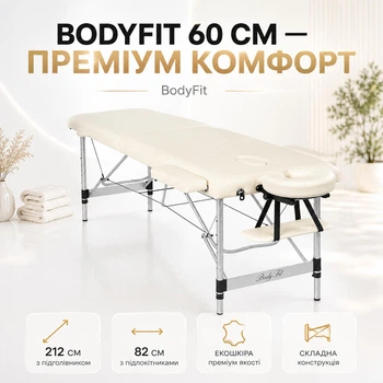 Профессиональный массажный стол BodyFit — 2-секционная алюминиевая кушетка с подлокотниками, бежевый