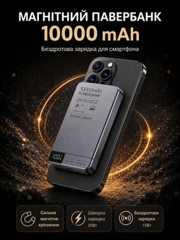 Магнитный павербанк Lexego 10000 mAh Gray PD 20W с беспроводной зарядкой MagSafe портативный внешний беспроводной аккумулятор, батарея магсейф для iPhone Android айфона MWPQ1-10-GR