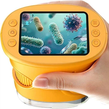 Мікроскоп дитячий цифровий з IPS екраном камерою 1000x зумом LCD LED підсвіткою фото відеозаписом вбудованою пам’яттю USB портативний кишеньковий монокулярний навчальний шкільний для спостережень дослідів експериментів розвитку дітей Swan Baby жовтий