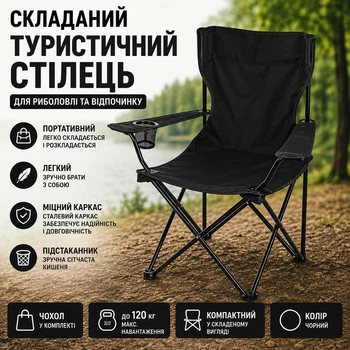 Складаний туристичний стілець чорний портативний кемпінговий стілець для риболовлі та відпочинку
