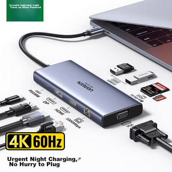 Док-станция UGREEN Type-C для четырех экранов, USB-C — DP/HDMI/VGA Thunderbolt 4, расширение для нескольких экранов, расширение для разделенного экрана 4K, совместима с ноутбуками и телефонами Honor и Huawei, MST