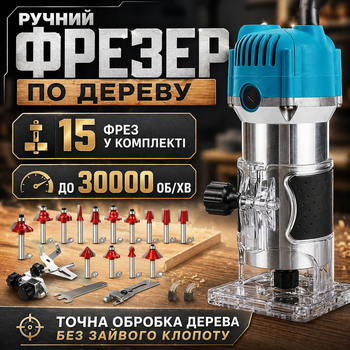 Фрезер ручной по дереву 800 Вт 30000 об/мин с набором фрез 15 шт для фрезерования гравировки и снятия фаски