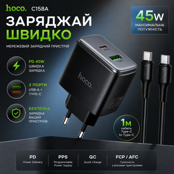 Мережевий зарядний пристрій для телефона HOCO C158A 45 W зі швидким заряджанням PD і кабелем Type-C to Type-C.