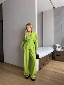 Костюм жiночiй класичний лляний сорочка+штани салатового кольору 38171 46/48