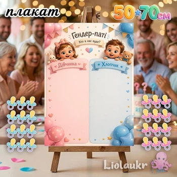 Плакат для голосування на гендер паті (Дівчинка чи Хлопчик) + набір наклейок для гостей