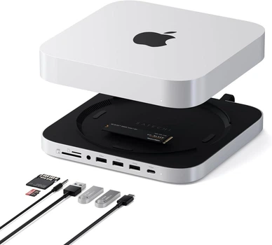 Док-станция для Mac mini Satechi с корпусом для SSD NVMe/SATA M.2, USB-C хаб 7-в-1, серебристая