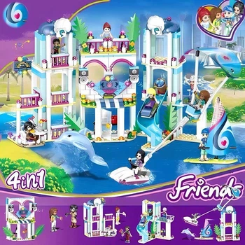 Конструктор 4в1 Friends «Курорт Хартлейк-Сити» с минифигурками (Стефани, Андреа, Оливия, Мейсон) и дельфином.