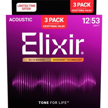 Струни Elixir 16565 Nanoweb 80/20 Bronze 12-53 Light Bonus pack (3 pack)