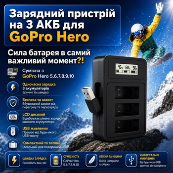 Зарядний пристрій на 3 АКБ для GoPro Hero 5,6,7,8,9,10