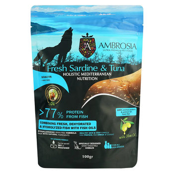 Сухой корм для взрослых собак Ambrosia Mediterranean Dog Adult Fresh Sardine & Tuna с свежей сардиной и тунцем 100 г 1305629