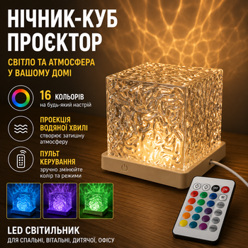 Ночник куб проектор настольная лампа 16 цветов проекцией водяной волны LED светильник с пультом