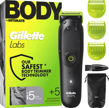 Водонепроницаемый триммер для тела и интимной зоны Gillette Labs Body + Intimate i5 (триммер, 3 насадки, щеточка, сумка)