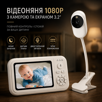 Видеоняня 1080P с камерой и экраном 3.2" - ночное видение, датчик плача, двусторонняя связь