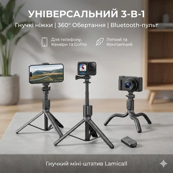 Гнучкий міні-штатив Lamicall 3-в-1 для телефону та камери: Bluetooth-пульт, кріплення GoPro, 360°