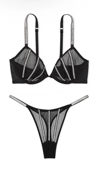 Комплект білизни Victoria’s Secret Sheer Shine Unlined Low-Cut Demi Bra Чорний 34DD-M