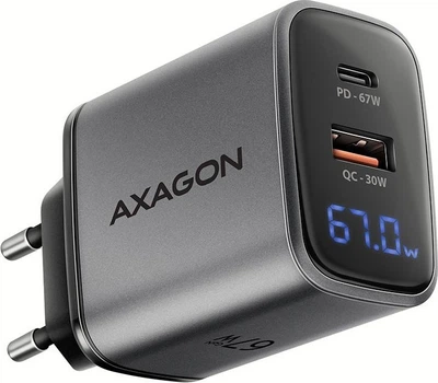 Ładowarka sieciowa z wyświetlaczem Axagon 2x port (USB + USB-C), PD3.0/QC4+/PPS/Apple, 67W Grey (ACU-PQ67D)
