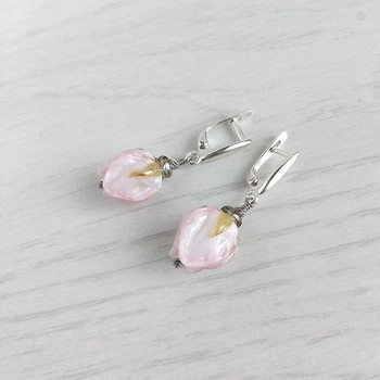 Серьги Hand Made с бело-розовыми розами из муранского стекла
