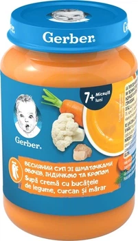 Пюре овощное-мясное Gerber Стерилизованное Весенний суп с кусочками овощей, индейкой и укропом для детей с 7 месяцев 190 г (8445292315401)