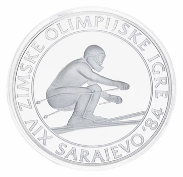 Монета Югославия 500 динаров 1984 Серебро Proof XIV зимние Олимпийские игры в г. Сараево 1984 - Скоростной спуск