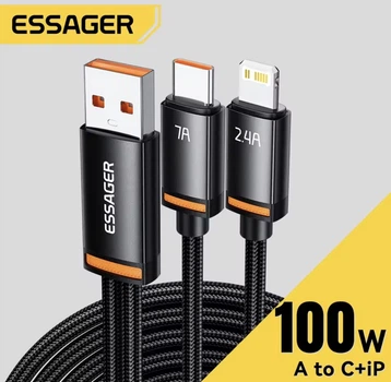 Кабель быстрой зарядки 2 в 1 для Xiaomi 100W Mi Fast Charge USB к Type-C и Lighting 6A на 2 метра Essager